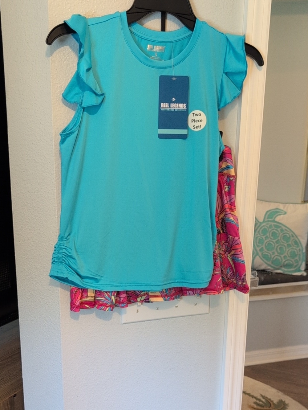 Reel Legends Girls' Aqua Ruffle Sleeve Two-Piece Tank Set Brand New